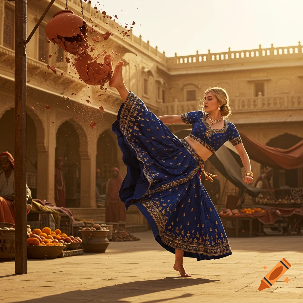 A barefoot blonde woman in a blue and gold Indian outfit high-kicks a clay pot, shattering it in an outdoor market.