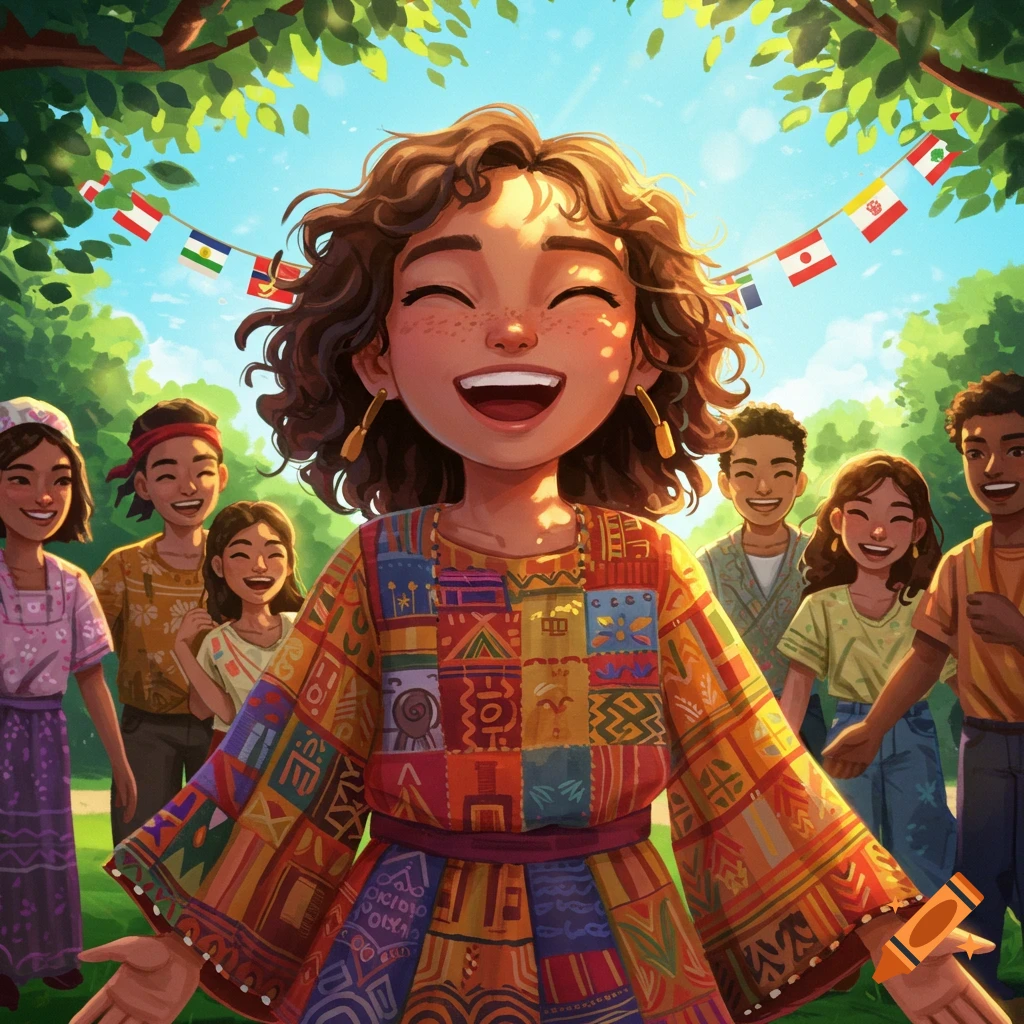 A vibrant illustration of a diverse group of happy young people under a sunny, tree-lined sky with international flags. The central girl wears a colorful patterned dress.