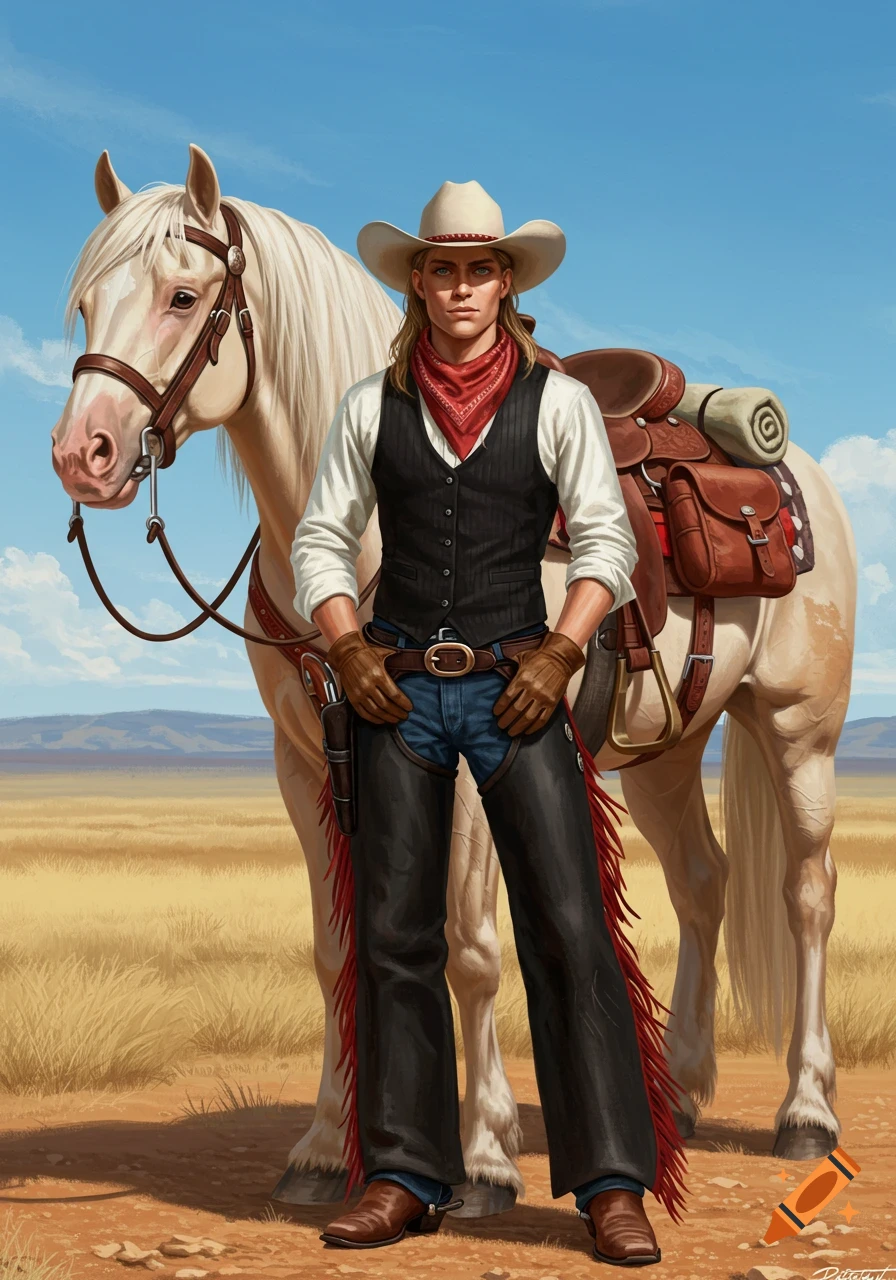 A pale cowboy with blonde hair and blue eyes stands beside his white horse in a Western field. He wears a white hat, black vest, red bandana, and black chaps. Digital art.