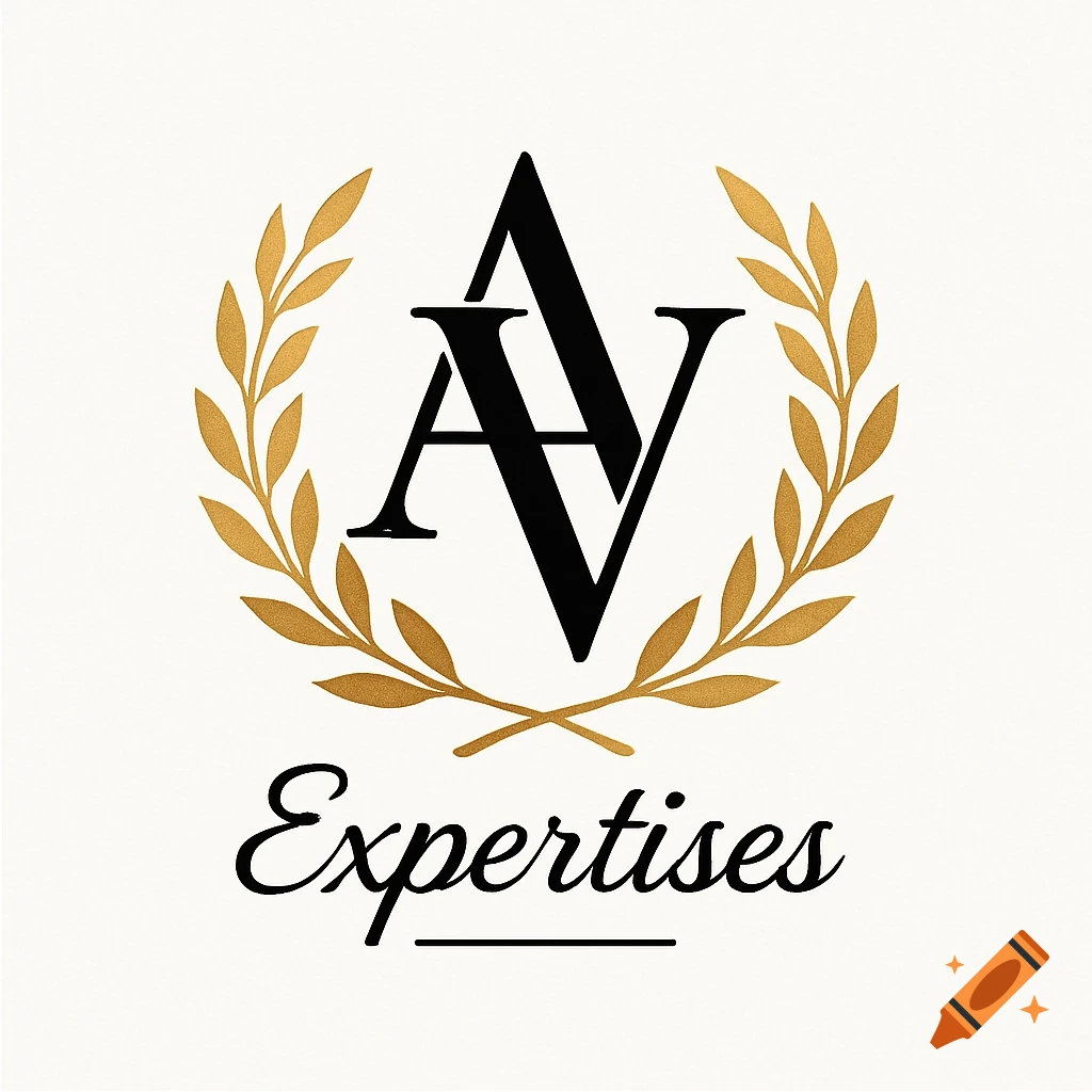 A black letter AV monogram within a golden laurel wreath, with 'Expertises' written in script below on a white background.