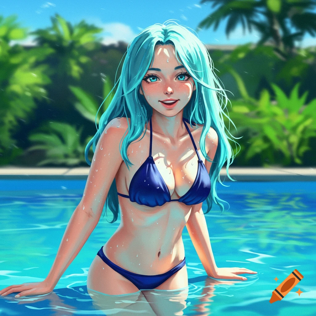 Anime woman with long cyan hair in a blue bikini standing in a swimming pool with a tropical background.