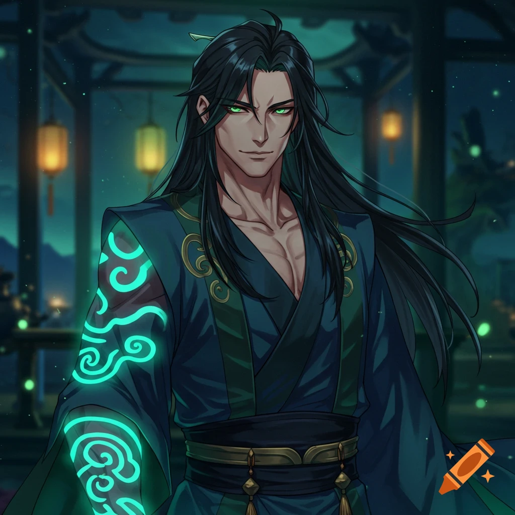 Anime illustration of a handsome man with long black hair, green eyes, glowing teal patterns on his arm, wearing dark blue robes in a night setting.