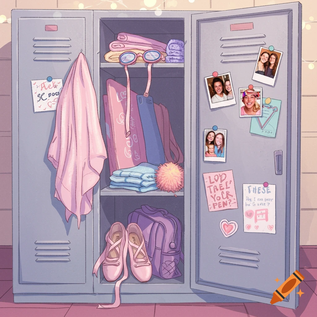 A colorful illustration of an open school locker filled with a pink towel, ballet shoes, swim goggles, a pompom, and photos of friends.