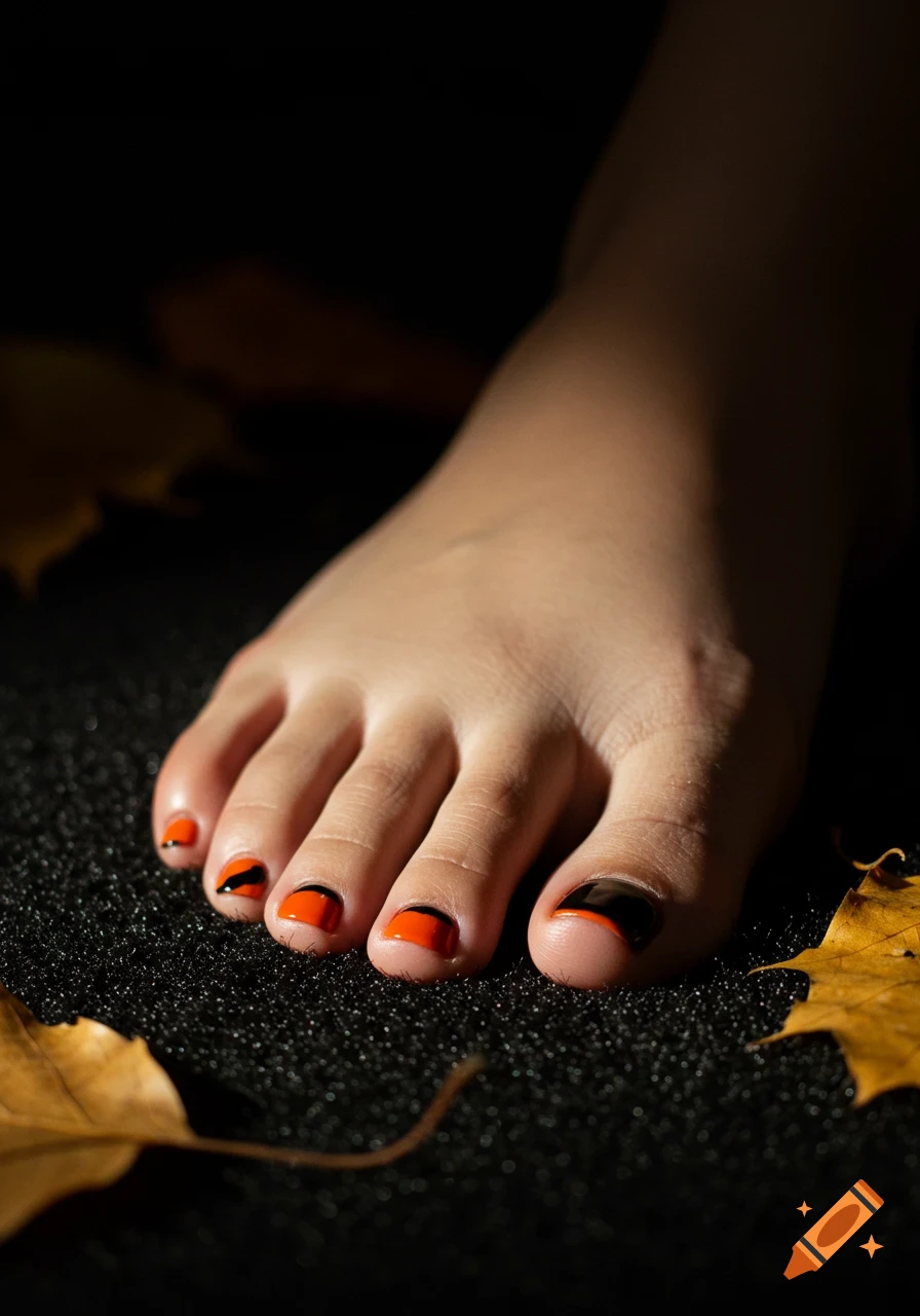 Close-up of a foot with orange and black nail polish on a dark textured surface, surrounded by dry autumn leaves, with dramatic lighting.