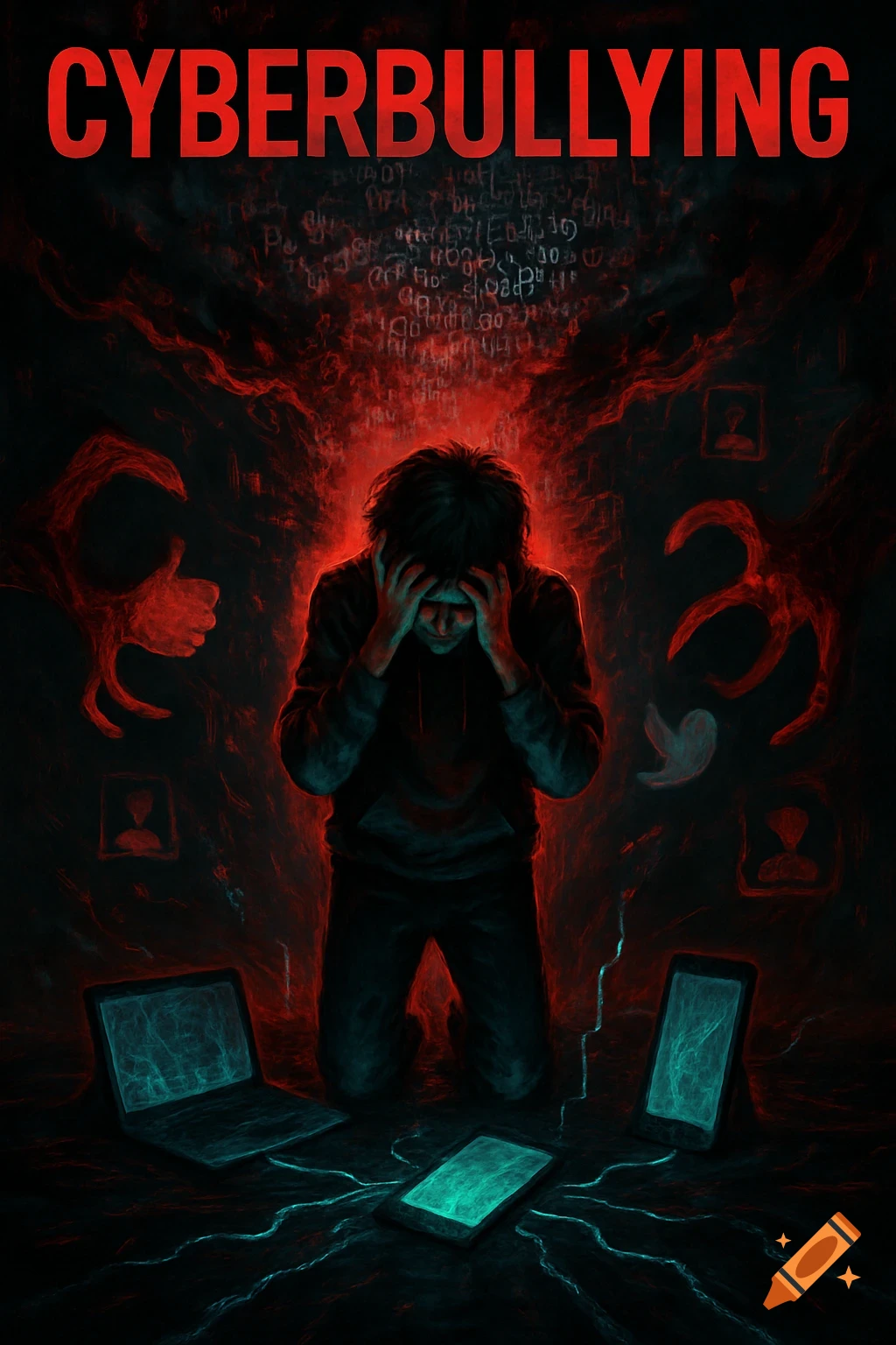 Illustration of a distressed person kneeling with head in hands, surrounded by red glowing social media icons and digital devices in a dark, ominous setting. The text "CYBERBULLYING" is at the top.