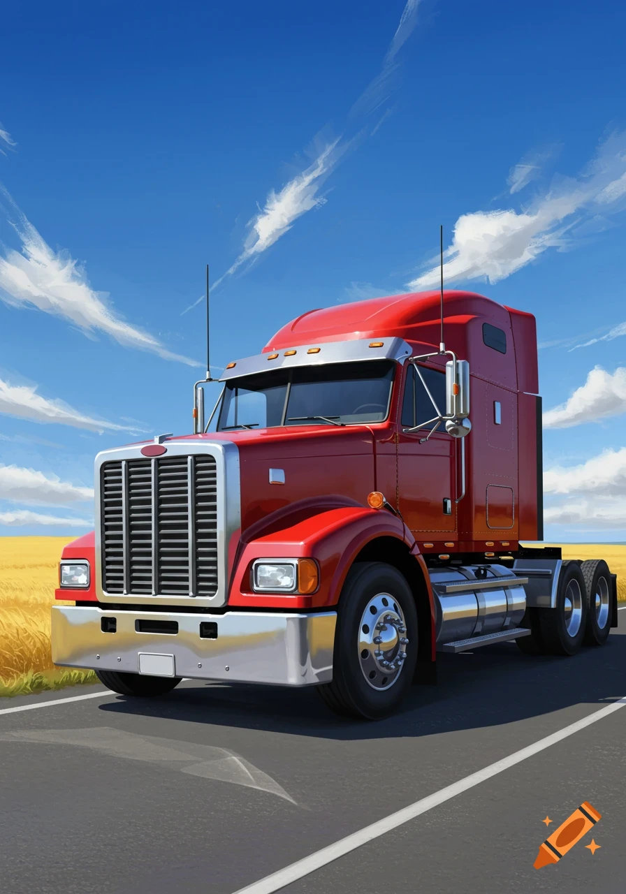 A vibrant red diesel semi-truck on a paved road, with a golden field on the left and a bright blue sky with white clouds.
