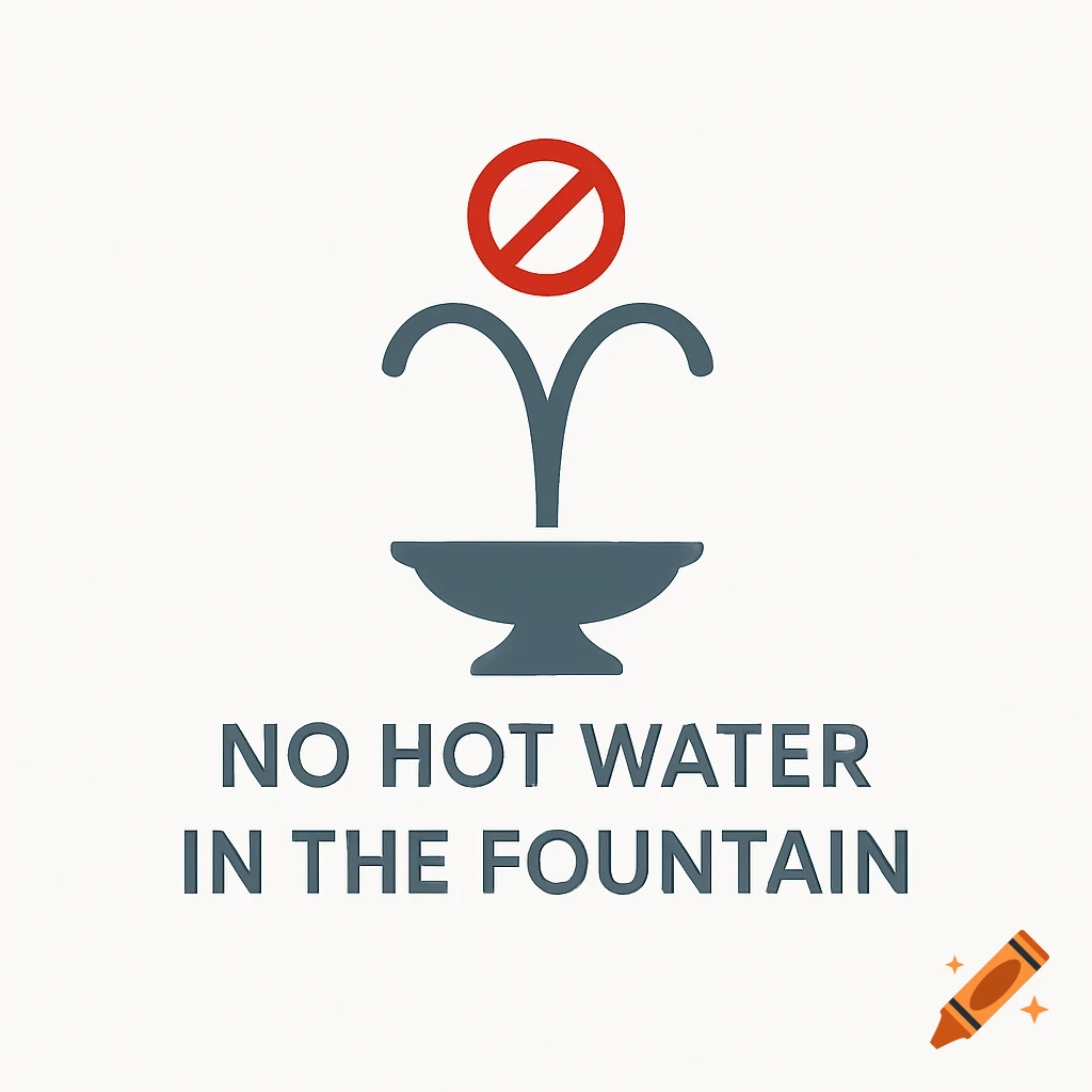 Minimalist logo showing a gray fountain with a red no symbol above, text reads 'NO HOT WATER IN THE FOUNTAIN'.