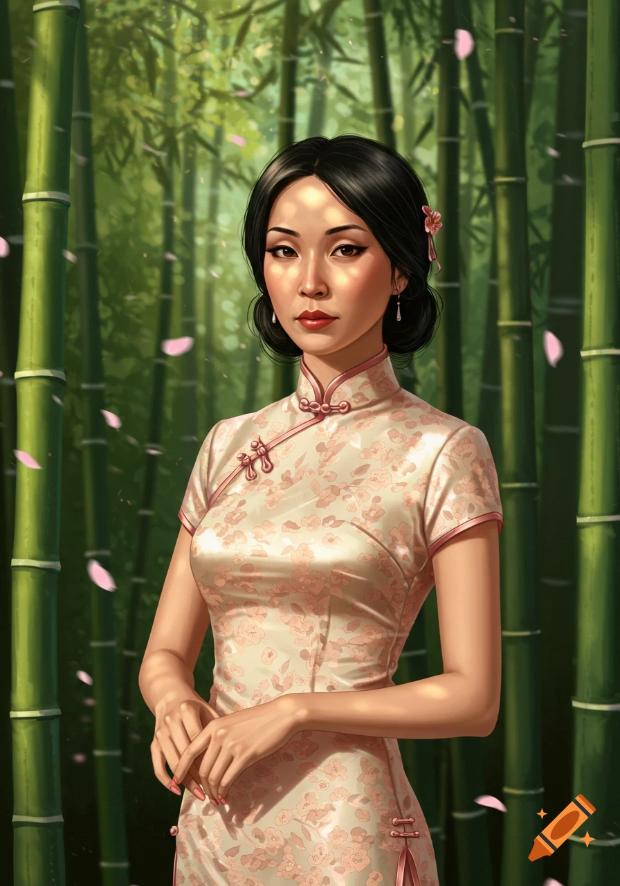 A portrait of an Asian woman in a light floral cheongsam, standing gracefully in a lush bamboo forest with pink petals falling.