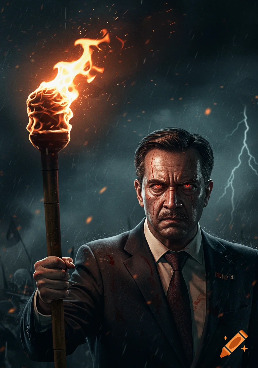 Cinematic portrait of a stern political leader with red eyes and blood, holding a burning torch in a stormy night.