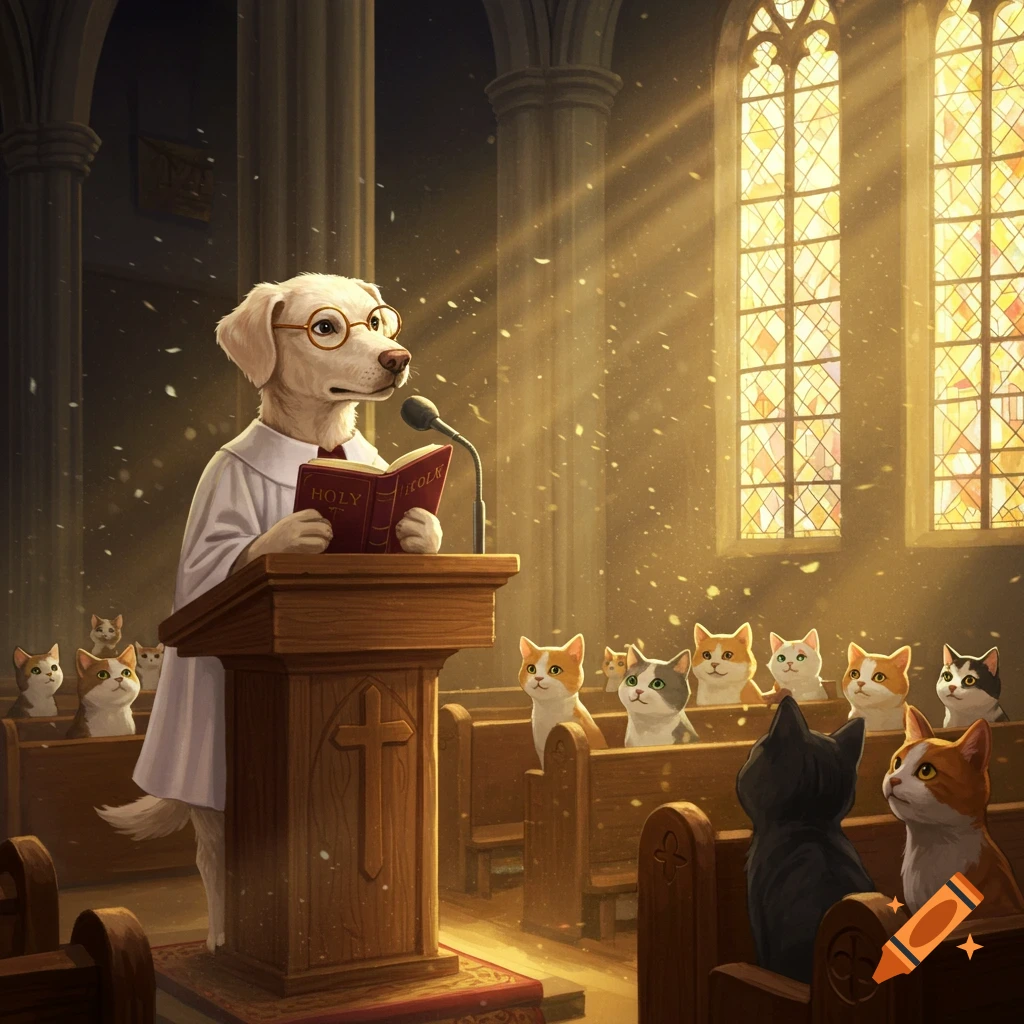 A white dog in glasses and a white robe preaches from a red book at a wooden podium to an audience of cats in a sunlit church with stained glass windows.