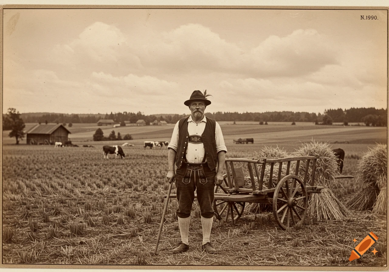 A sepia-toned photograph of a Bavarian farmer in traditional attire standing in a field with cows and a wooden cart.