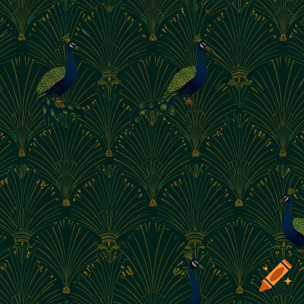 Repeating art deco pattern featuring stylized green and blue peacocks with golden fan-like motifs on a dark green background.
