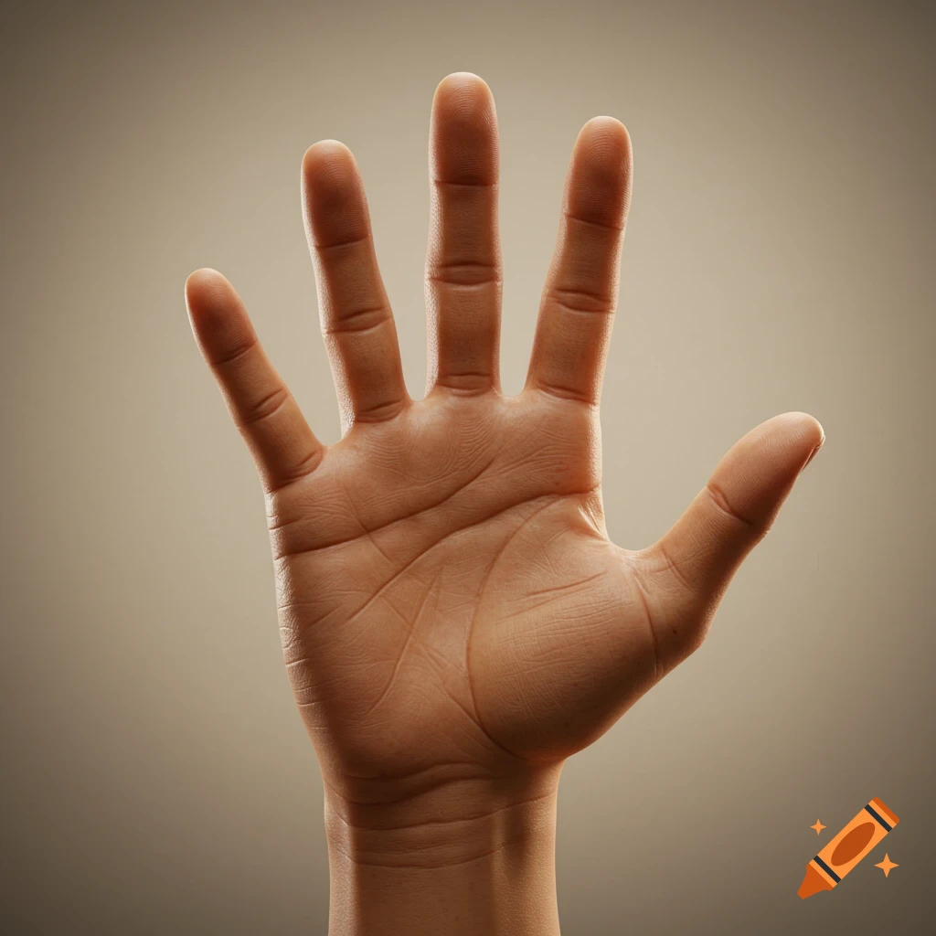 Close-up of a human hand with five fingers spread, viewed from the palm side against a neutral background.