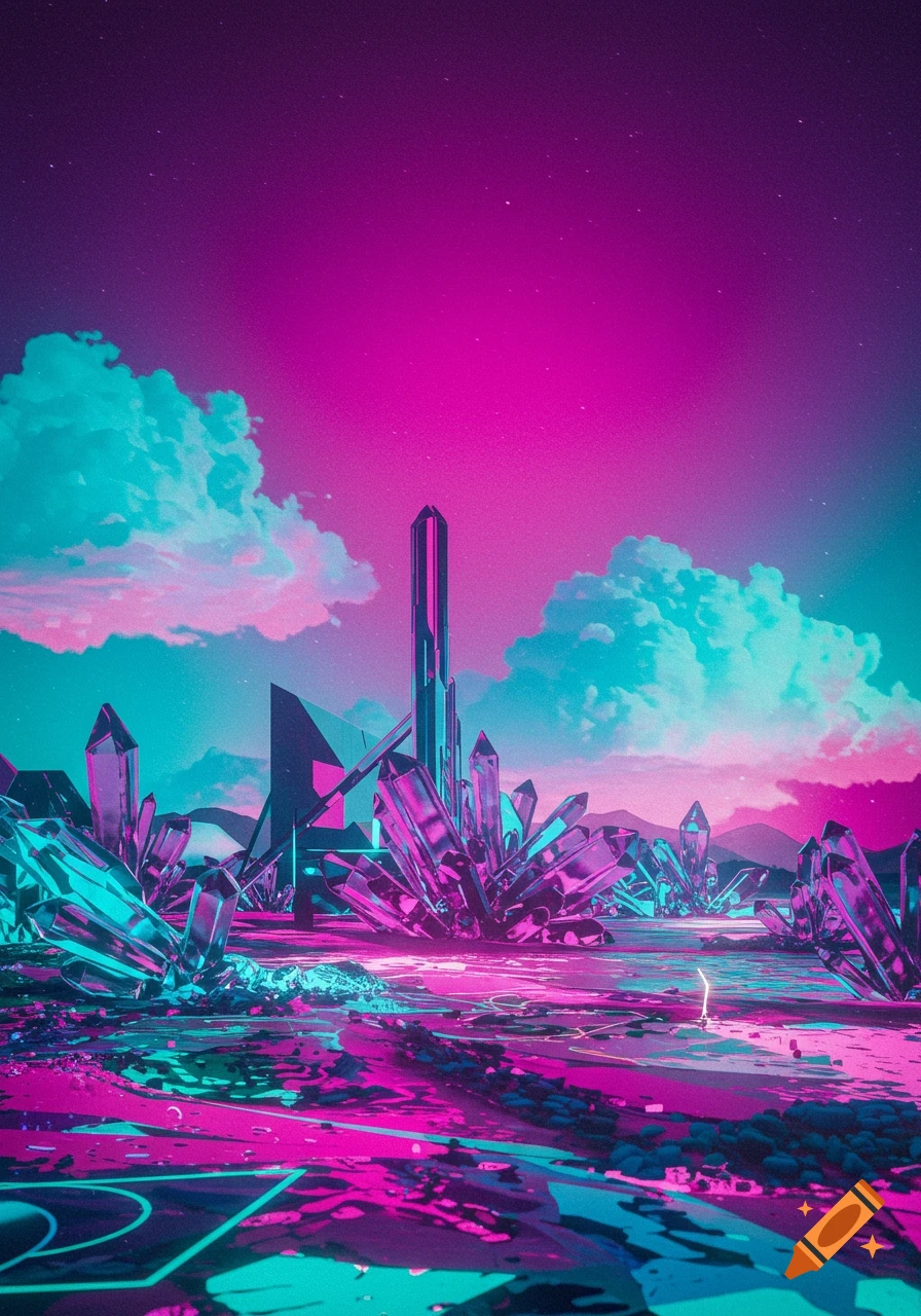 Vibrant neon purple and blue crystals dominate a fantastical landscape under a starry, magenta sky.