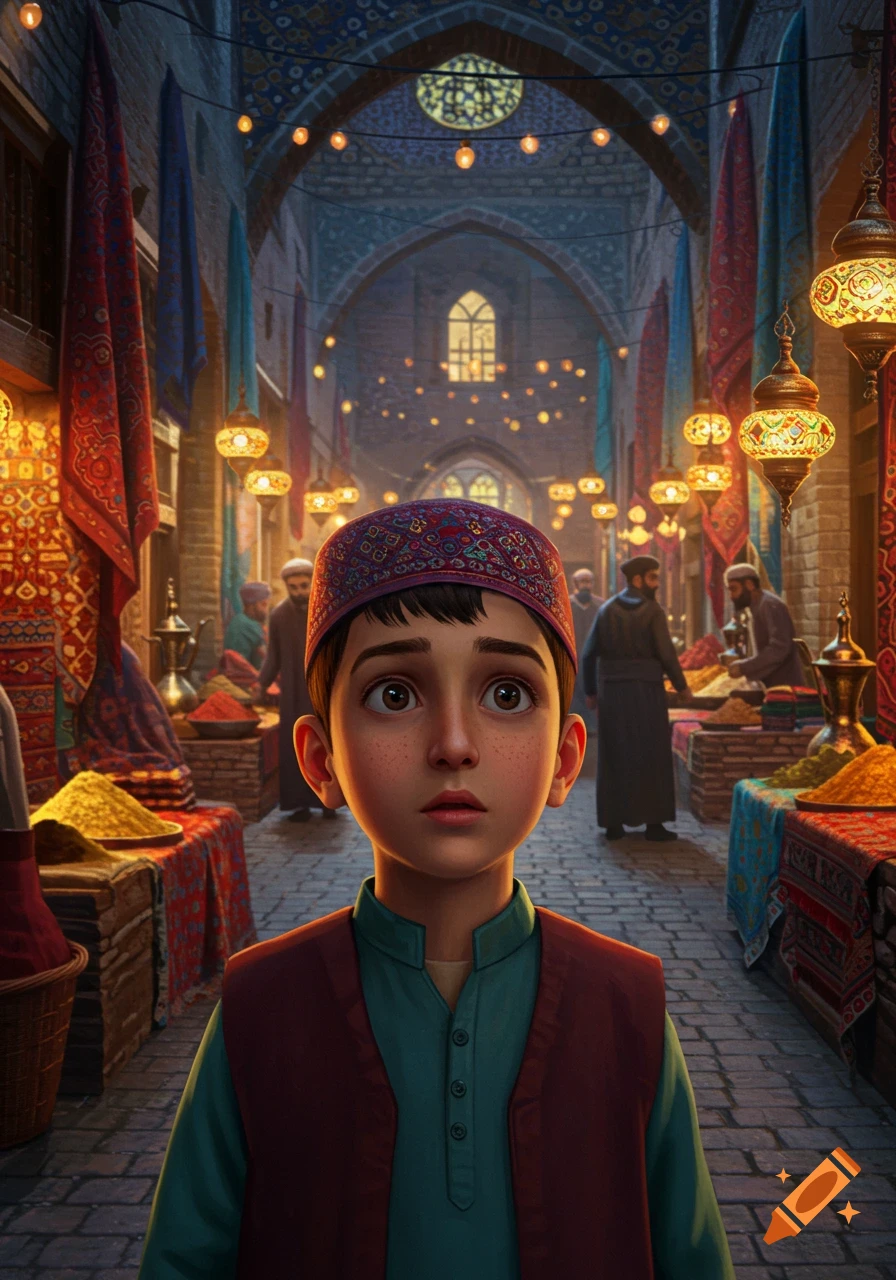 A young boy with a cap stands in a bustling, stylized Middle Eastern bazaar, lit by lanterns.