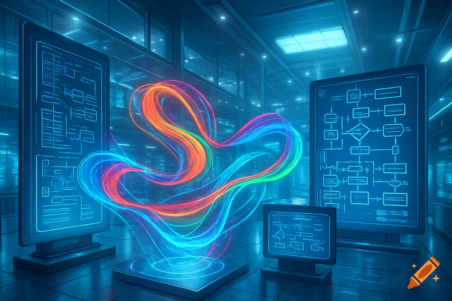 A futuristic server room bathed in blue light, featuring an abstract, colorful light stream and glowing screens displaying flowcharts.