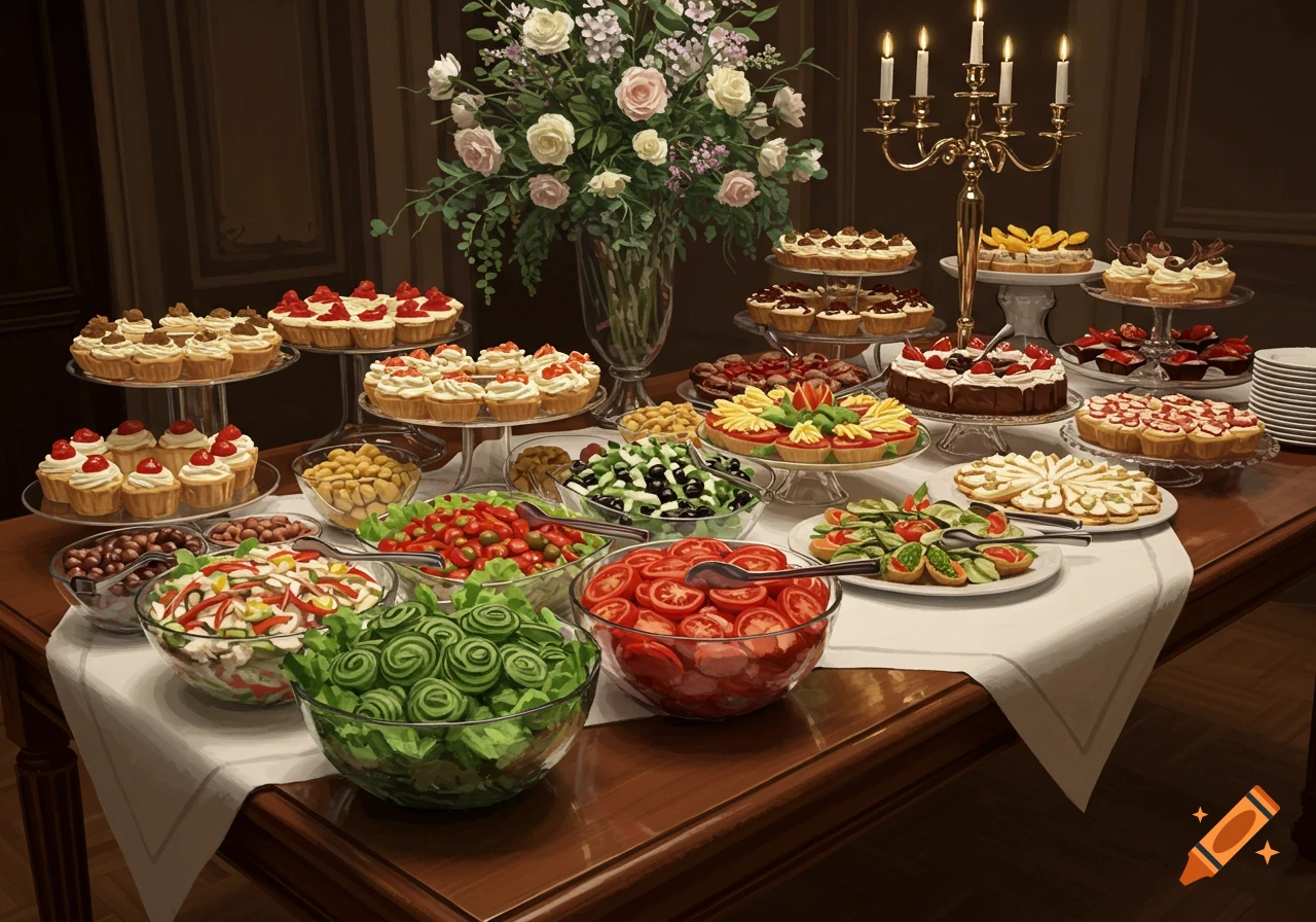 A lavish buffet table laden with a candelabra, floral centerpiece, assorted cupcakes, cakes, tarts, and colorful bowls of fresh salads.