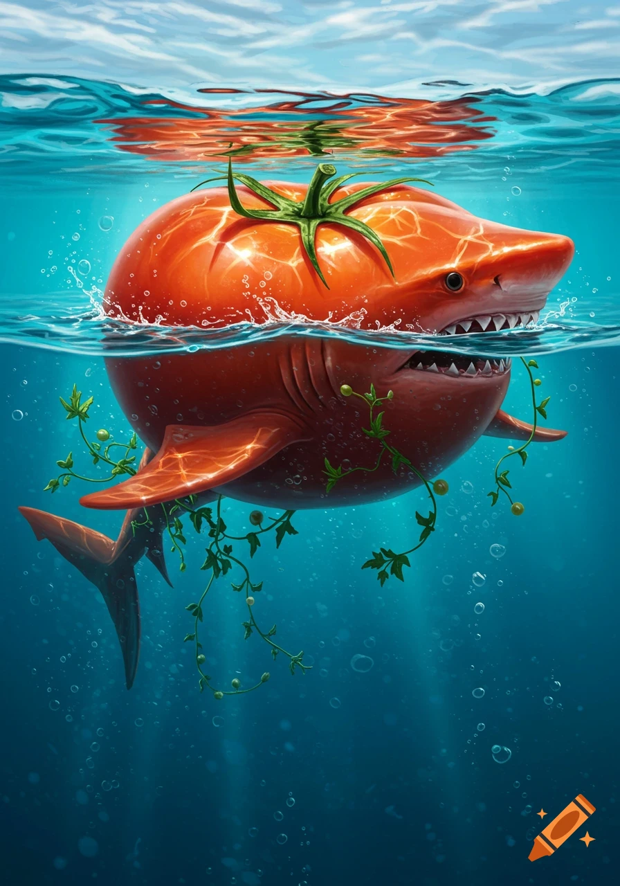 A red tomato shaped like a shark swims just under the water's surface, with green vines trailing behind it, in clear blue water with sunbeams.