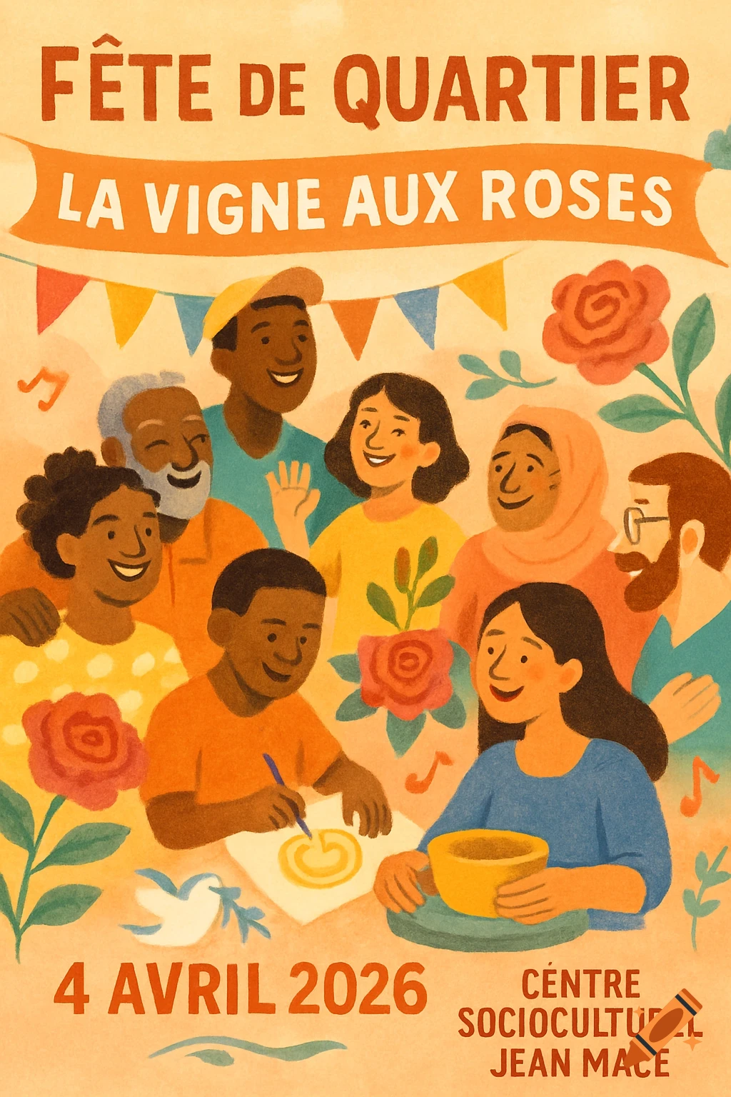 A colorful illustrated poster for a neighborhood festival, showing diverse smiling people, roses, music notes, and a dove, with French text about the event.