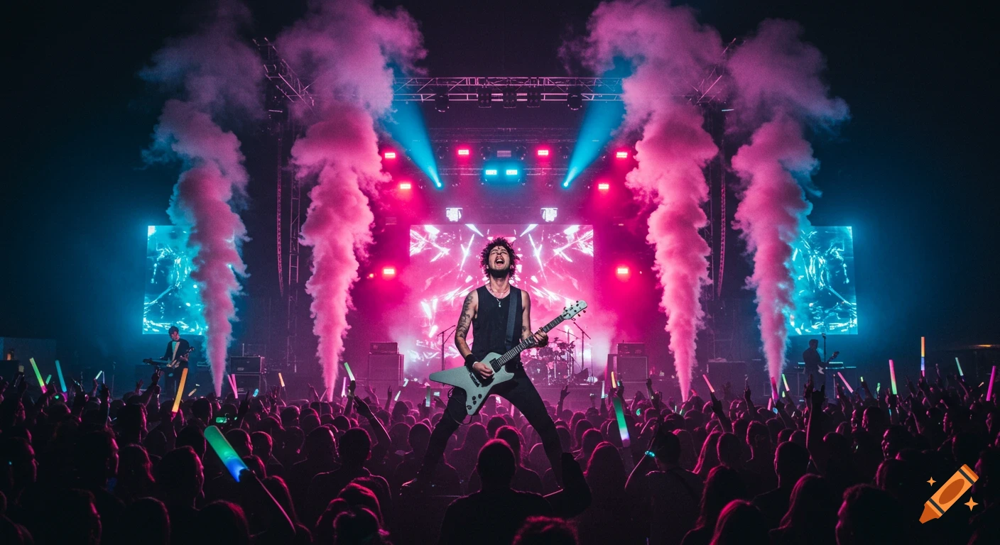 A guitarist on stage at a rock concert, illuminated by pink and blue lights and smoke, with a cheering crowd.