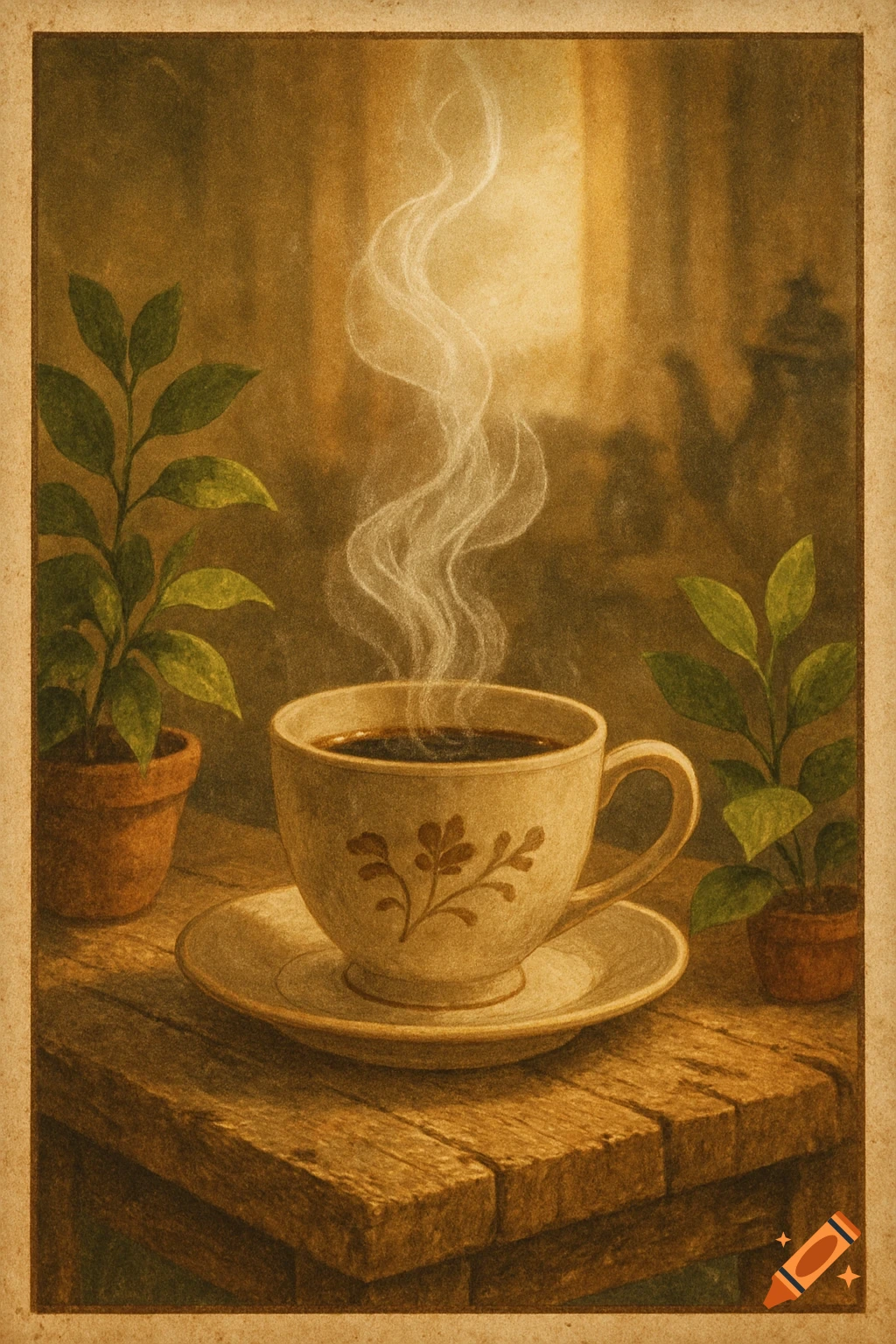 A steaming cup of coffee on a rustic wooden table, flanked by green plants, in a warm, vintage poster style.