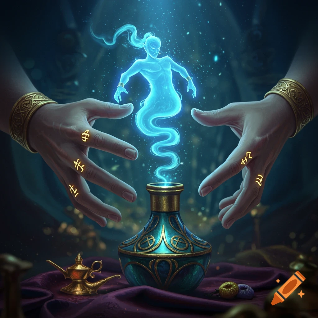 a-glowing-blue-genie-emerges-from-an-ornate-bottle-between-two-hands