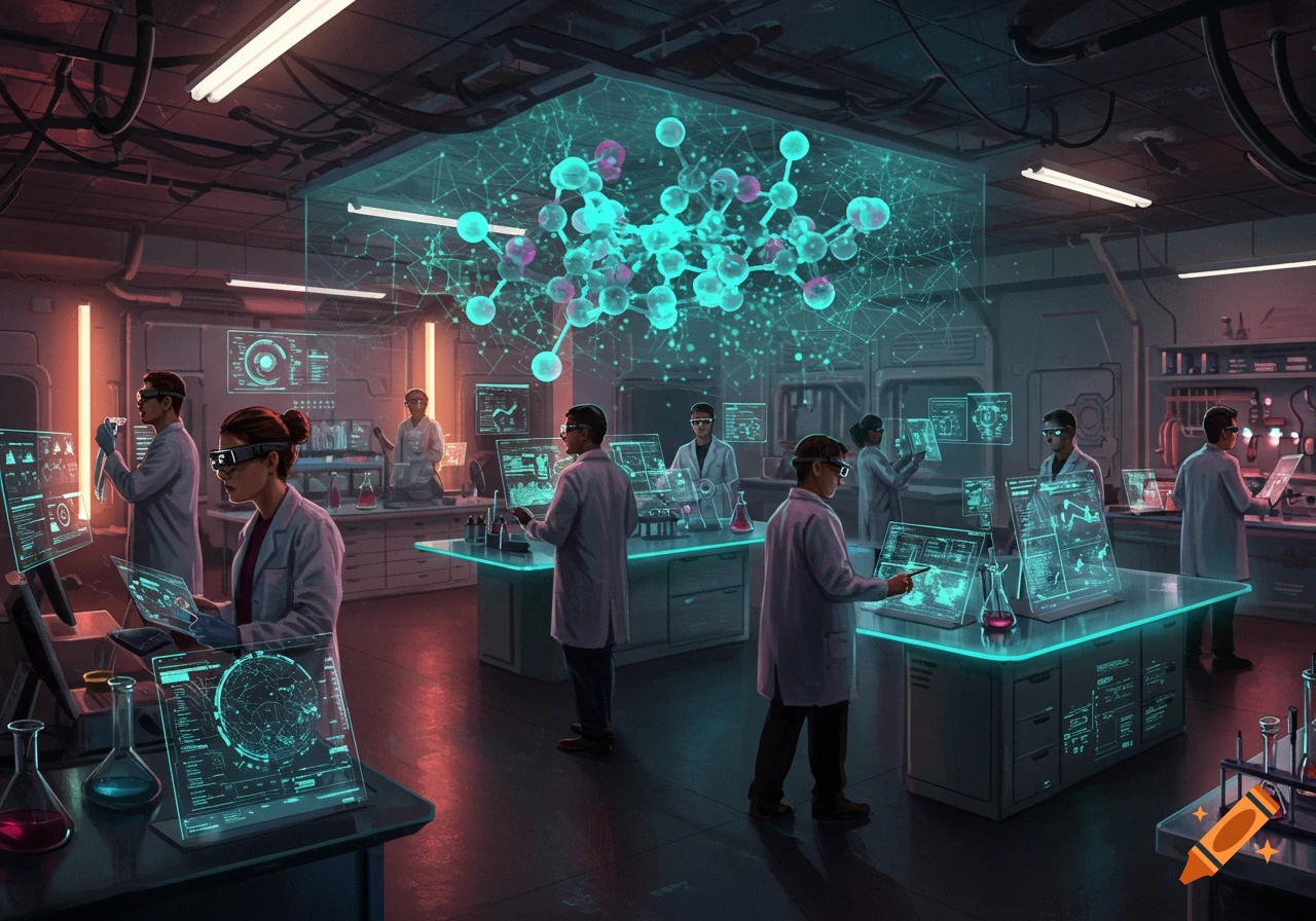 Scientists in a futuristic laboratory analyze a large holographic ...