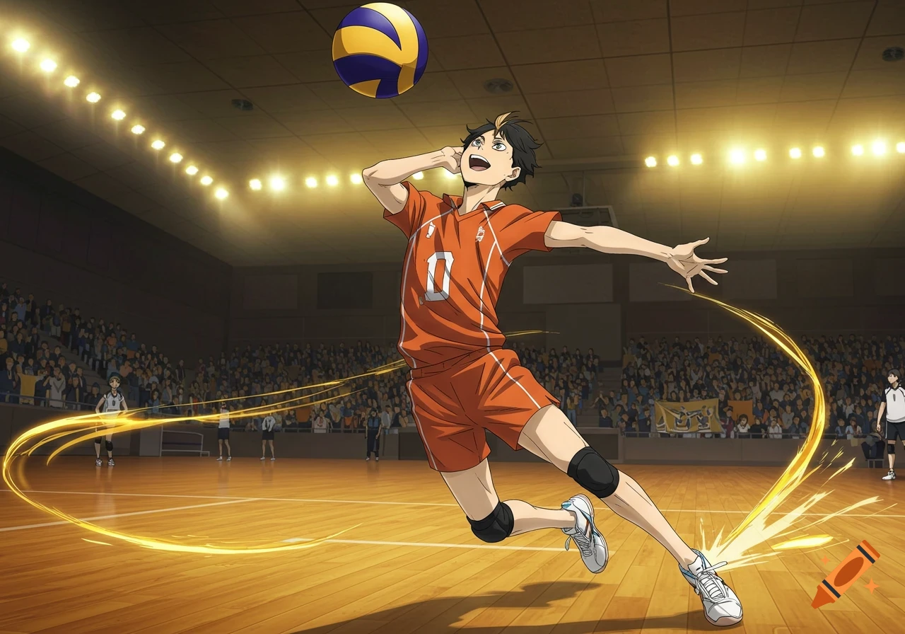 A dynamic anime-style male volleyball player in an orange jersey with the number 10, mid-air, about to hit a ball in a brightly lit arena.