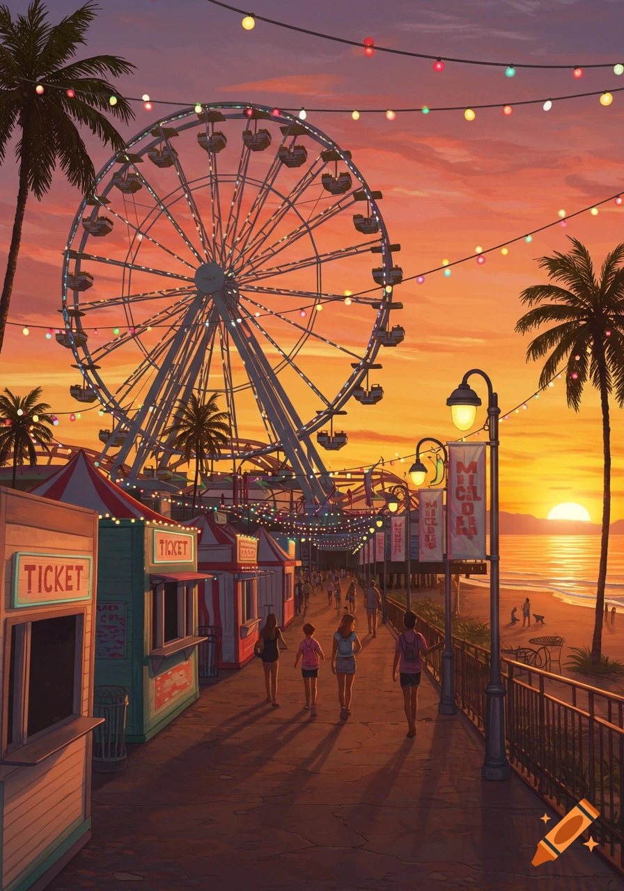 An illustrated view of an amusement park pier at sunset, with a Ferris wheel, carnival booths, and people walking along the boardwalk.