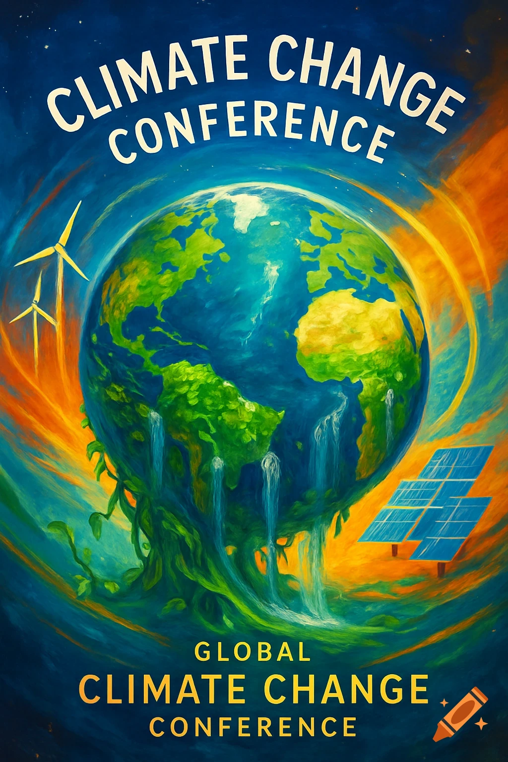 A vibrant, painterly poster for a 'Climate Change Conference' featuring a green Earth with waterfalls, surrounded by wind turbines and solar panels.