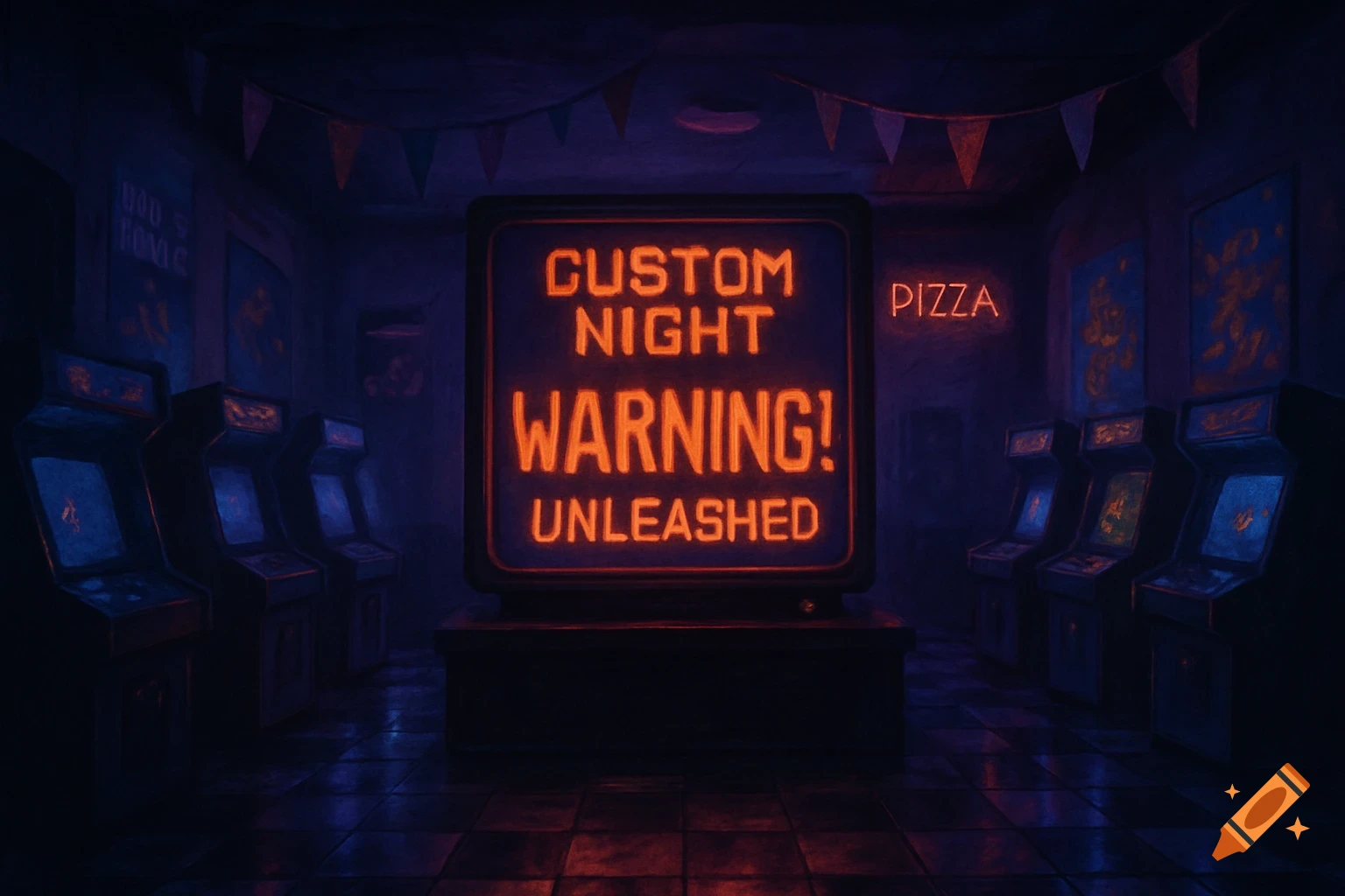 A dark, stylized arcade with glowing orange neon signs. A large central screen reads 'CUSTOM NIGHT WARNING! UNLEASHED', and a smaller sign says 'PIZZA'.