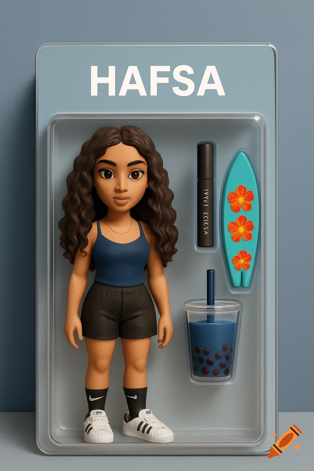 Stylized 3D figurine named HAFSA in transparent packaging with accessories including a surfboard, mascara, and bubble tea.