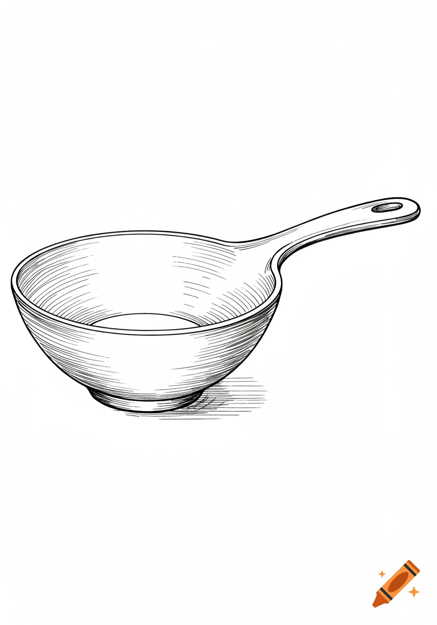 A minimalist line art drawing of a bowl with a handle.