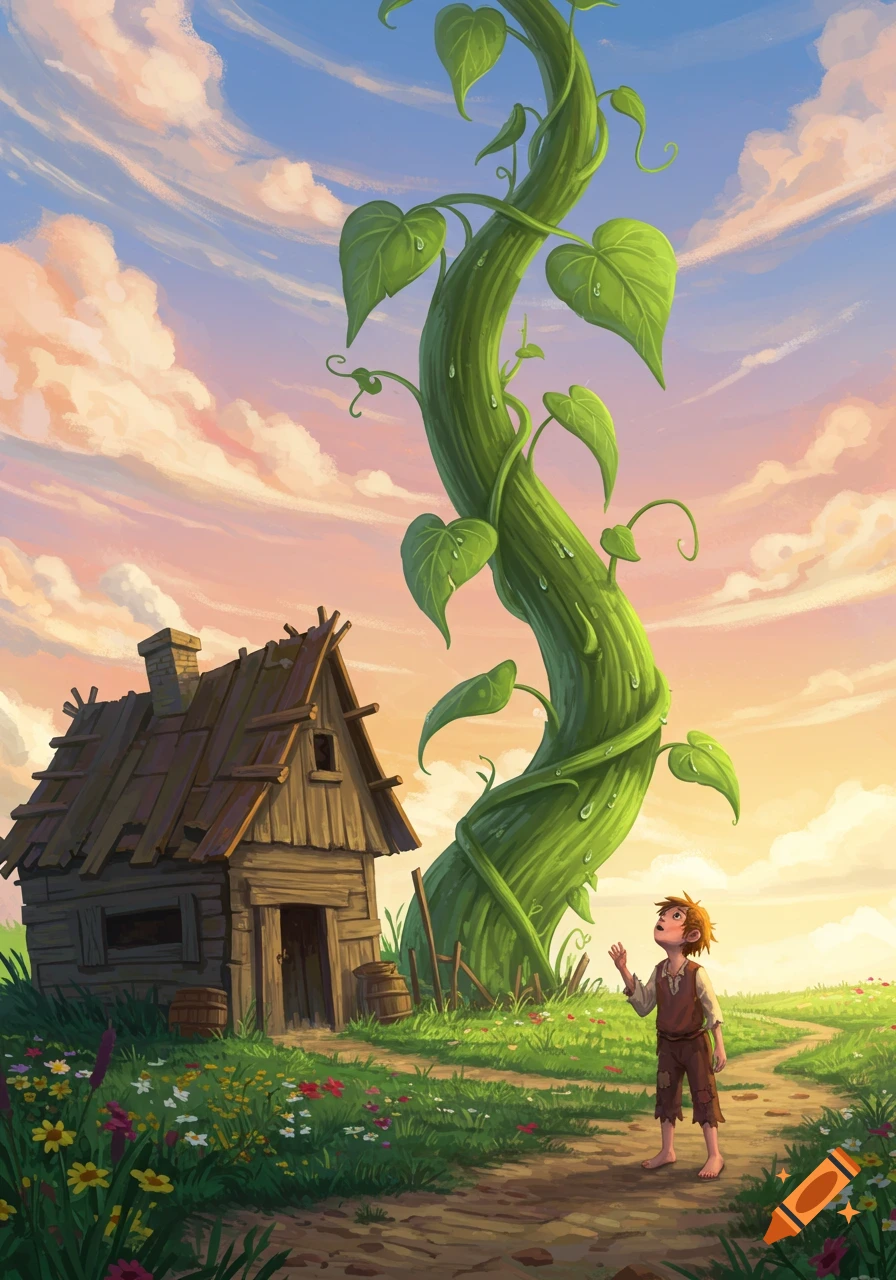 An illustration of a small boy looking up at a giant beanstalk reaching into the sky next to a rickety house at dawn.