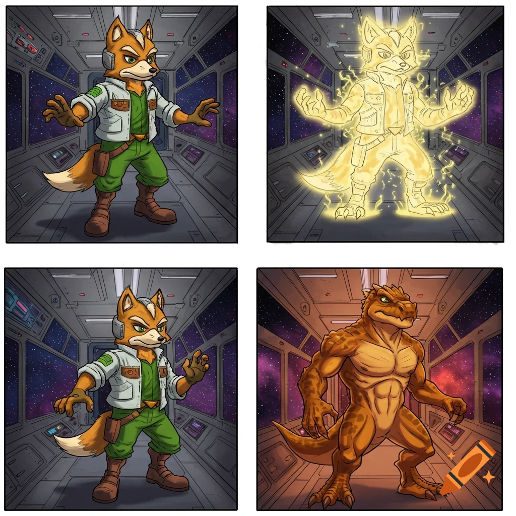 A four-panel comic showing Fox McCloud transforming into a muscular anthropomorphic dinosaur inside a spaceship.