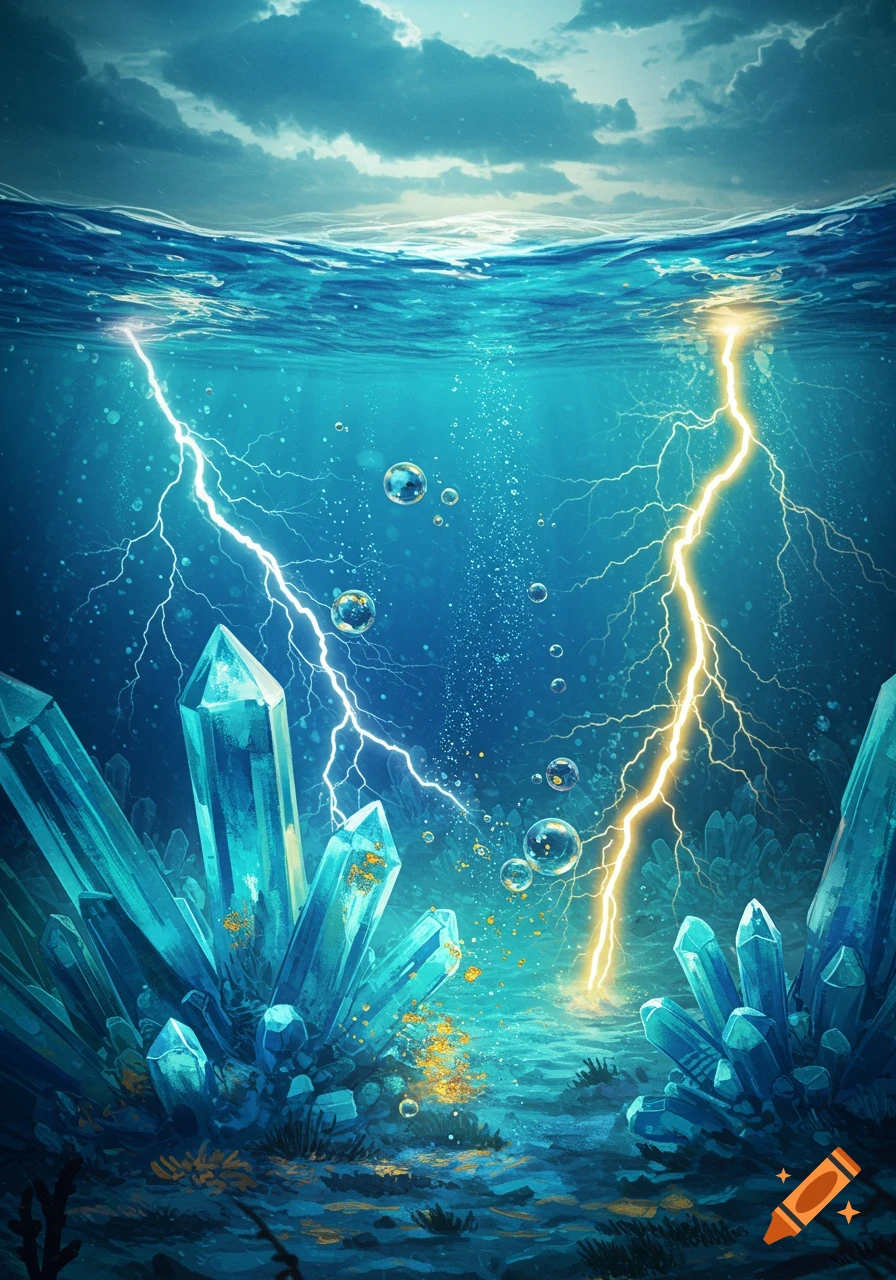 An underwater fantasy scene with giant blue crystals on the seabed, illuminated by white and golden lightning bolts striking from above the wavy water surface.