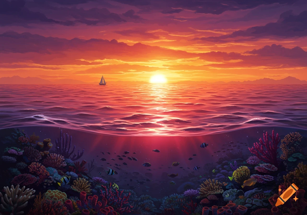 Vibrant sunset over a calm ocean with a sailboat, revealing a colorful coral reef and fish underwater.
