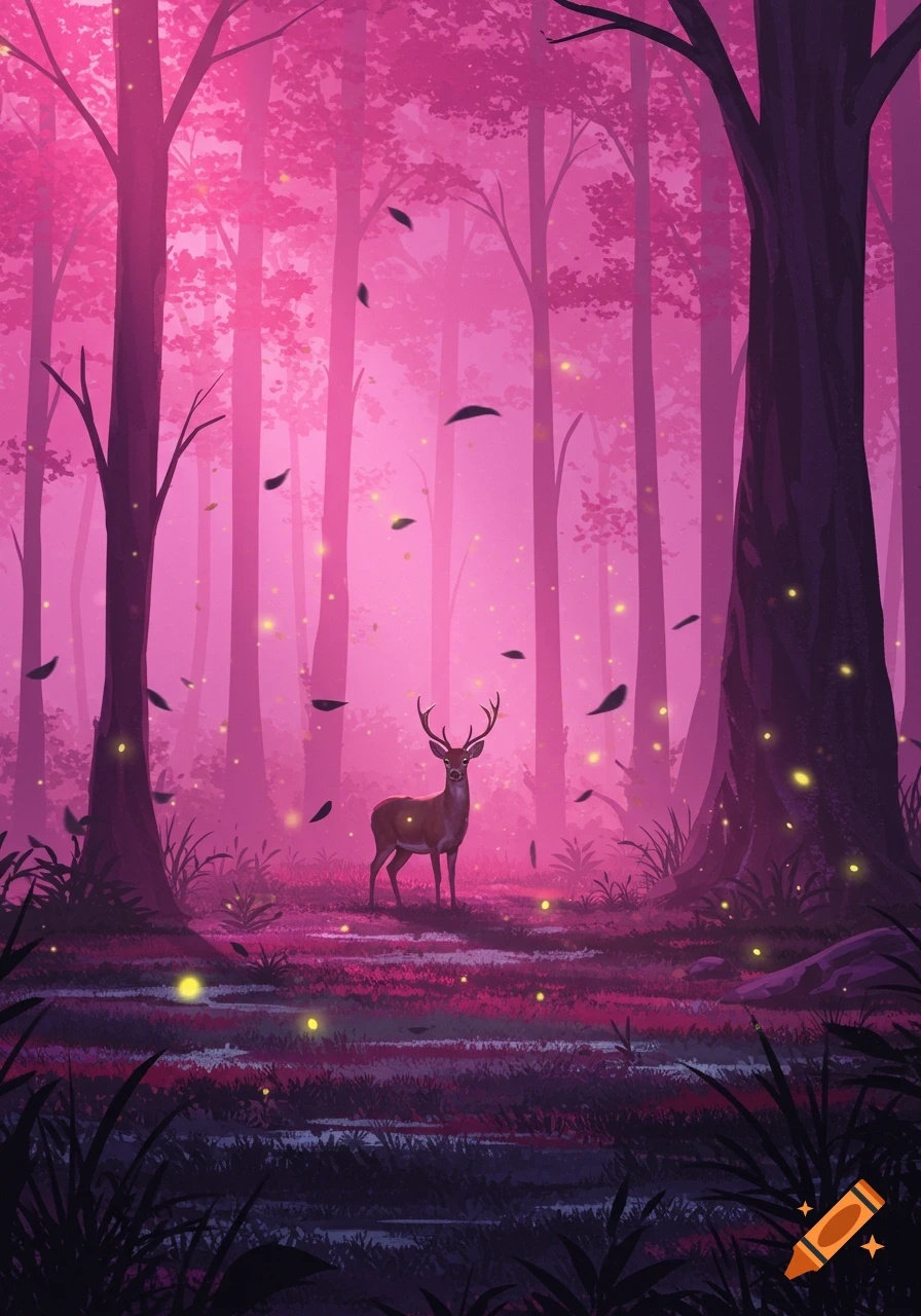 A majestic deer stands in a vibrant, mystical pink forest filled with glowing fireflies and falling dark leaves, in an illustrative style.