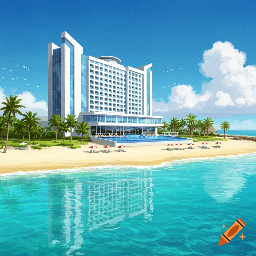A modern white hotel with blue windows stands on a sandy tropical beach with palm trees, a pool, and lounge chairs. Clear blue ocean water reflects the building under a sunny sky.