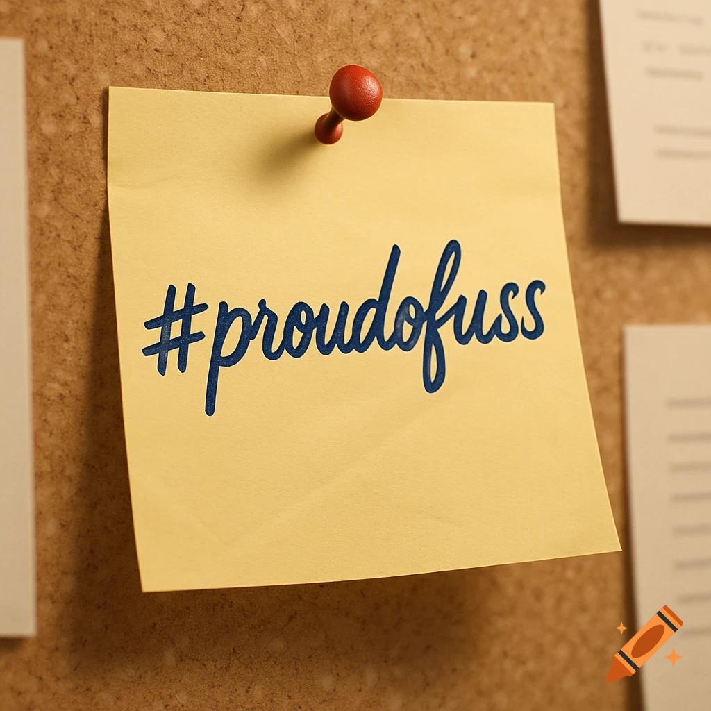 A yellow Post-it note with '#proudofuss' written in blue script, pinned by a red thumbtack to a corkboard.