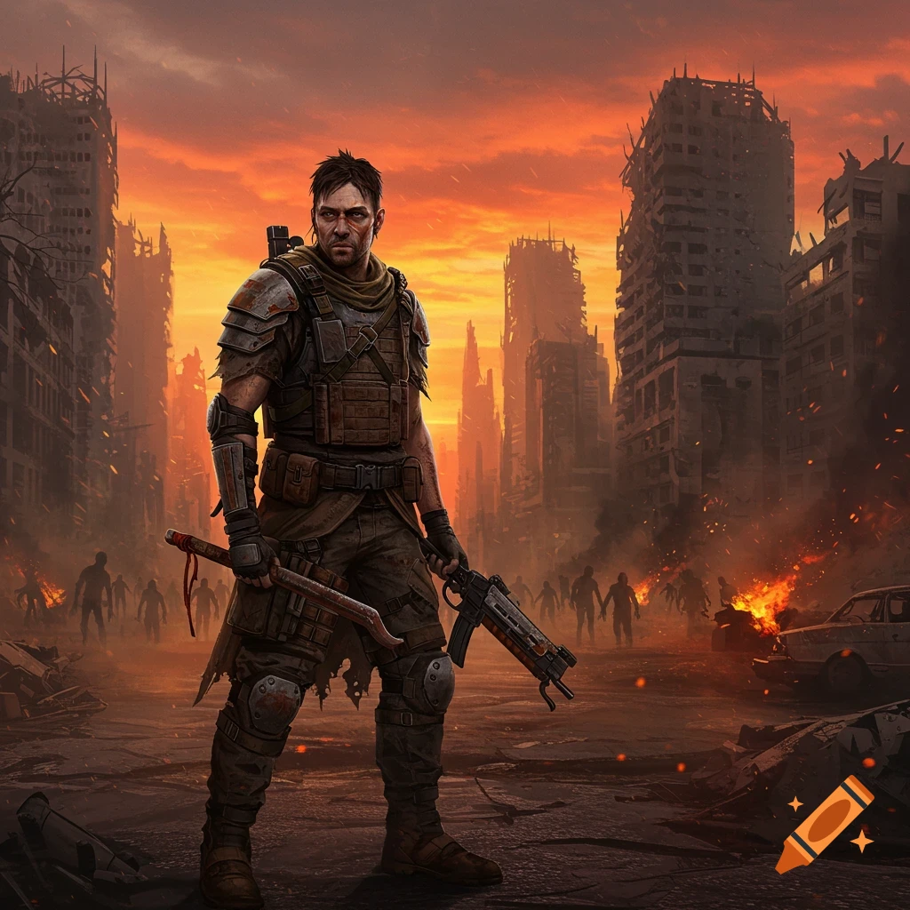 A rugged post-apocalyptic hero stands in a ruined city at sunset, holding a weapon, with silhouettes of zombies in the background.