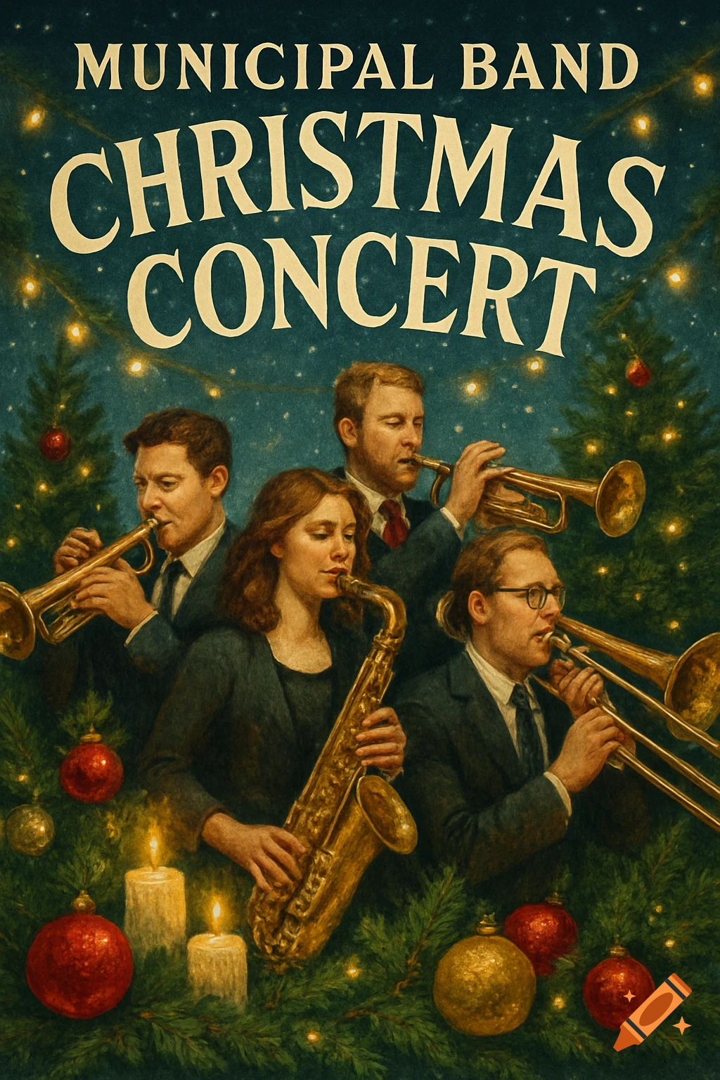 A vintage-style Christmas concert poster shows four musicians playing brass instruments amidst festive decorations.