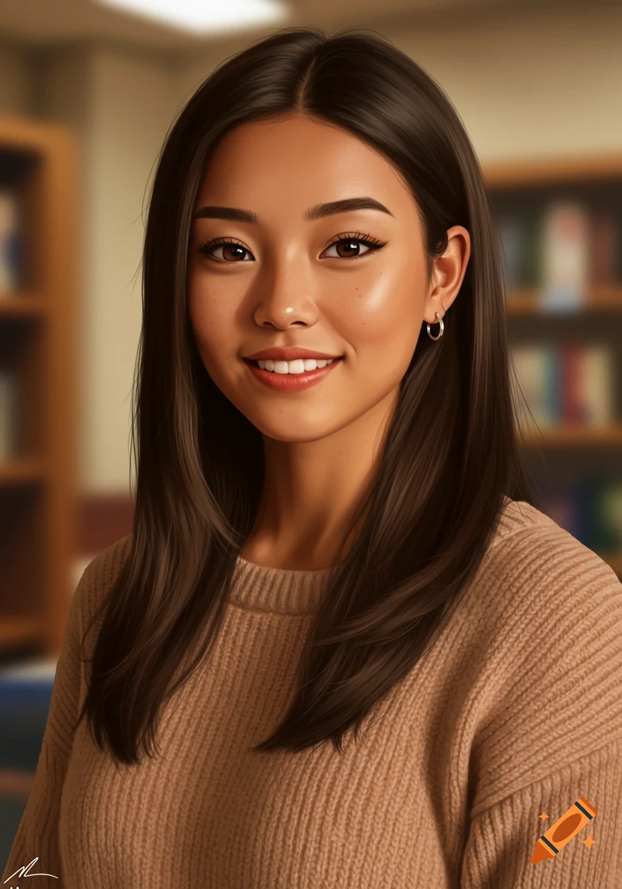 Close-up portrait of a smiling young woman with long dark hair, wearing a beige sweater, in a blurred library background.