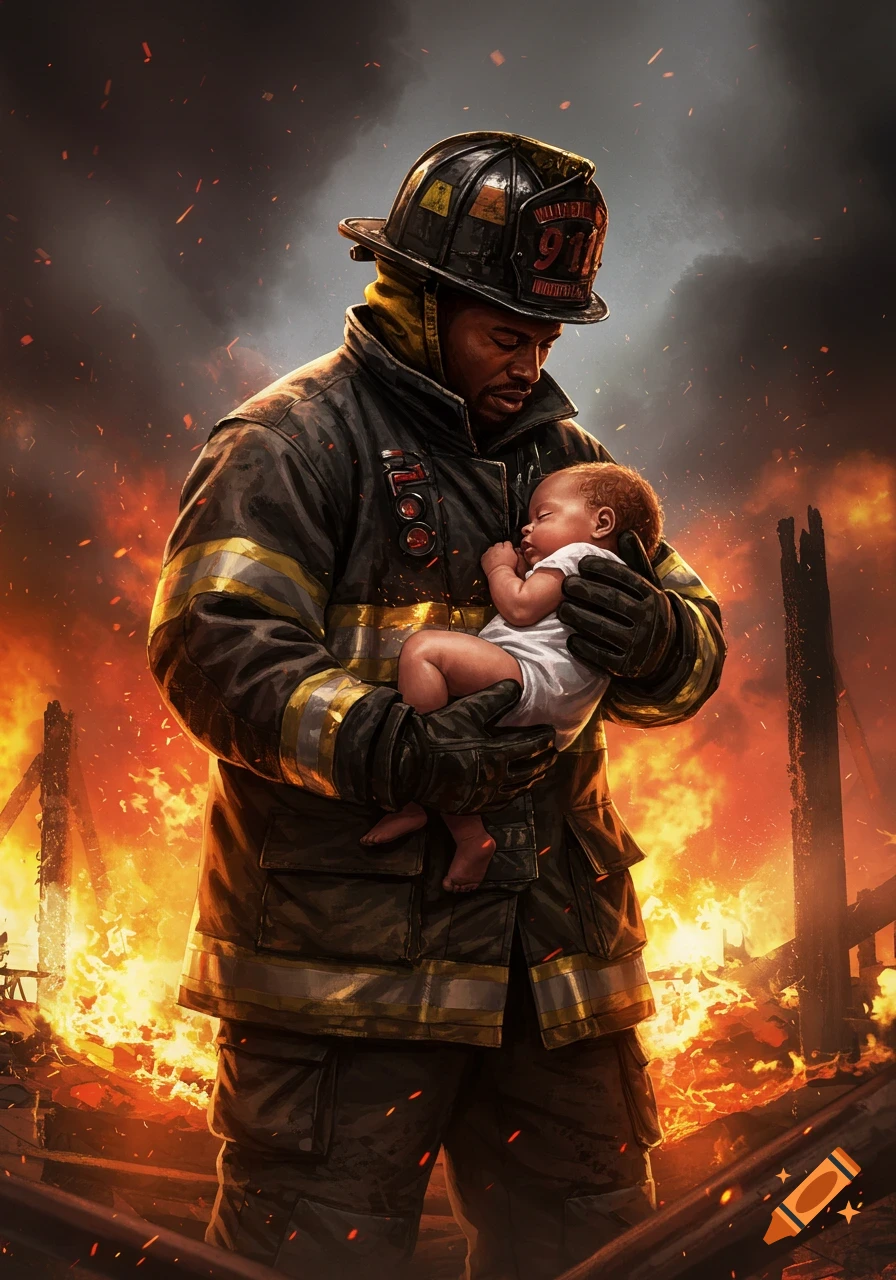 A male firefighter in full gear gently cradles a sleeping baby amidst a raging fire and smoke, digital painting.