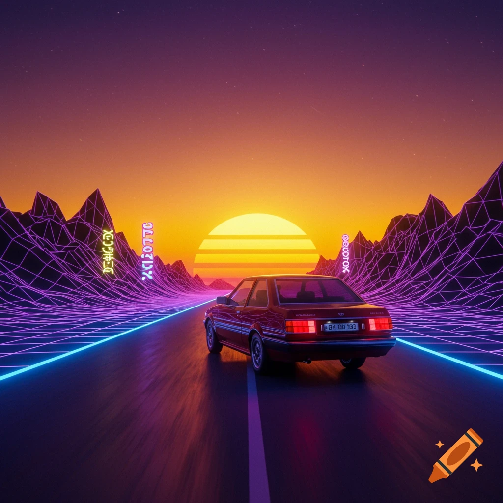 A retro-futuristic landscape with a red car driving on a neon-lit road towards a large sunset. Wireframe mountains glow purple.