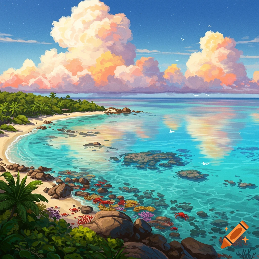 Vibrant illustration of a tropical beach with clear blue ocean, colorful coral, and red crabs under a sky with large, fluffy clouds.