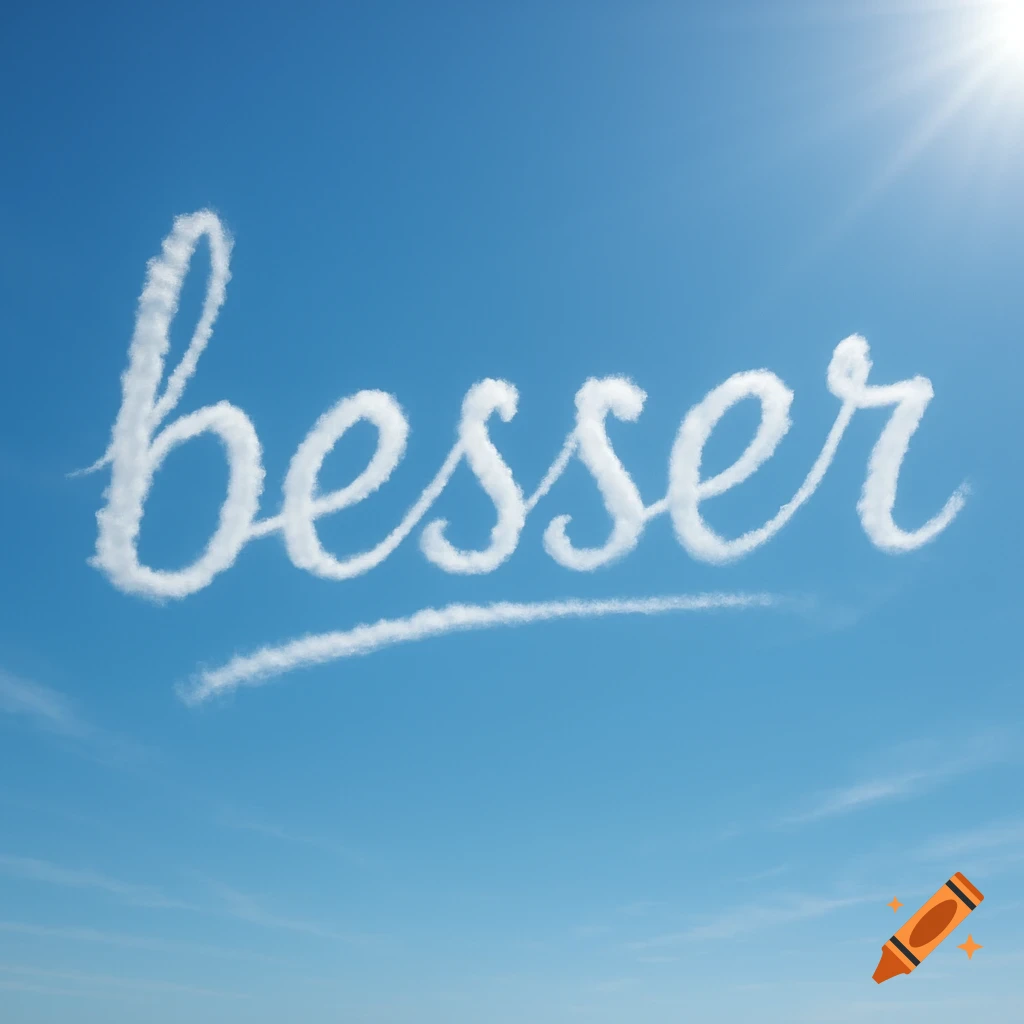 The word "besser" written in white clouds against a bright blue sky with a sun flare.