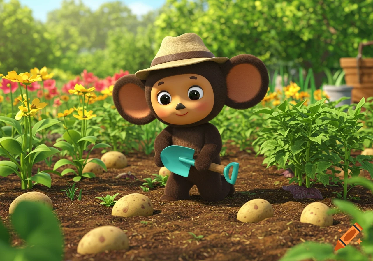 Cute cartoon Cheburashka in a straw hat holding a shovel, standing in a sunny garden with potatoes and colorful flowers.