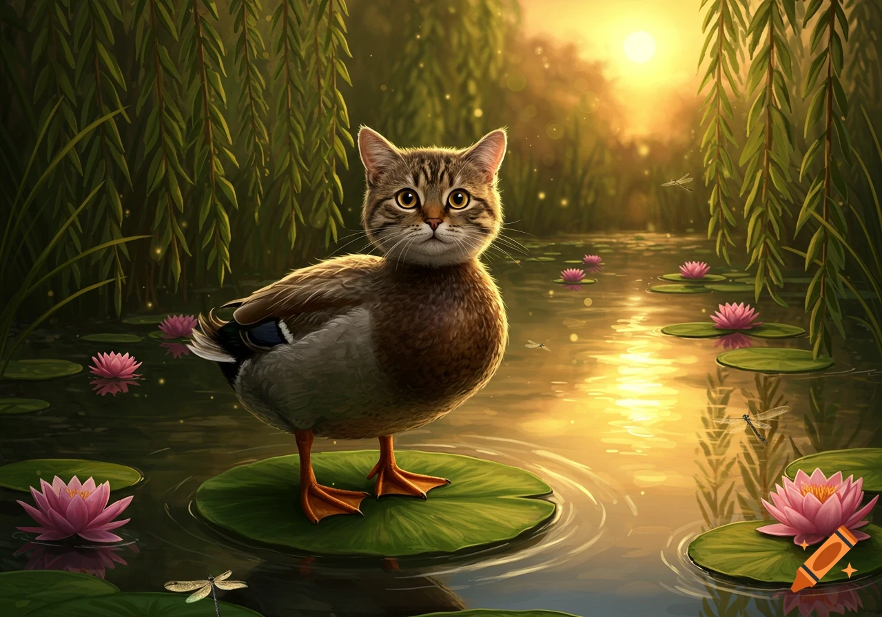 A whimsical tabby cat-headed duck stands on a lily pad in a glowing pond with pink water lilies at sunset.
