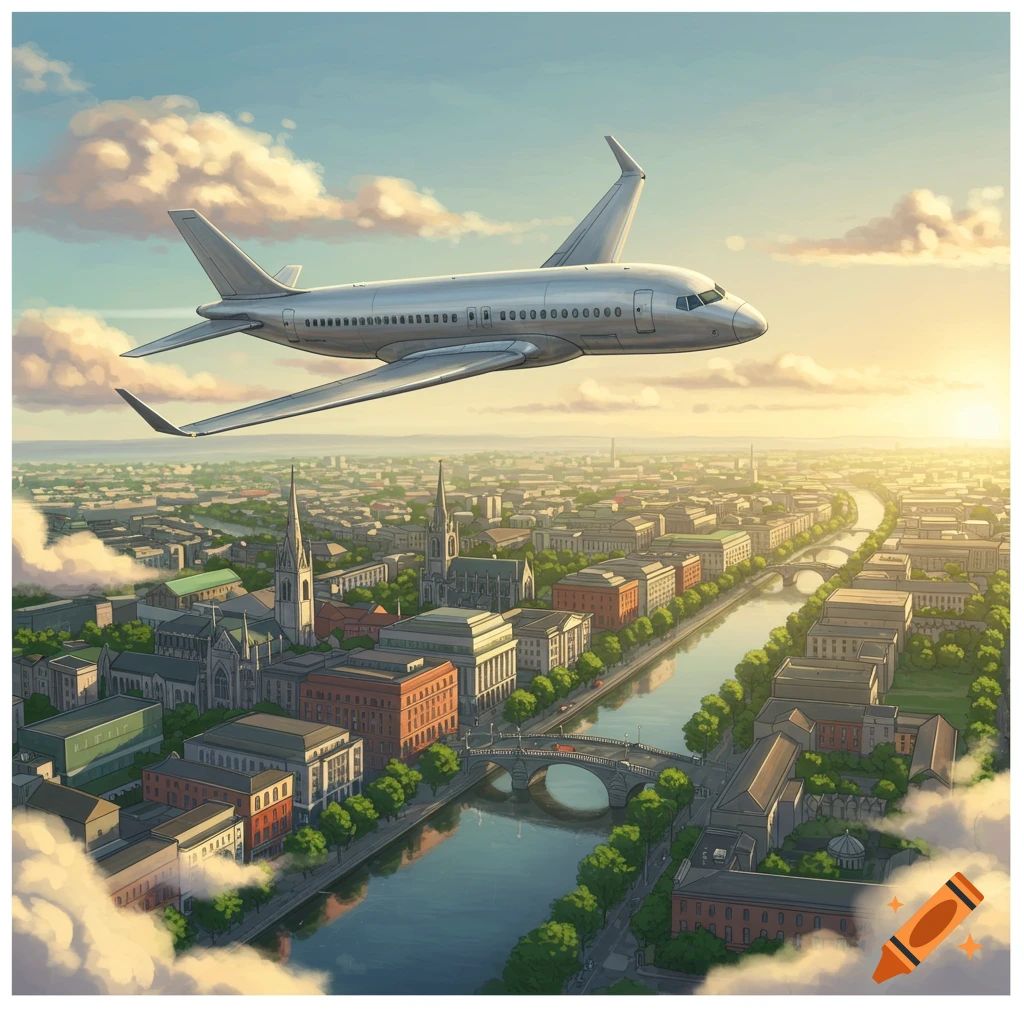 An illustrative image of a silver airplane flying over a European city with a river, bridges, and churches, set against a sunset sky.